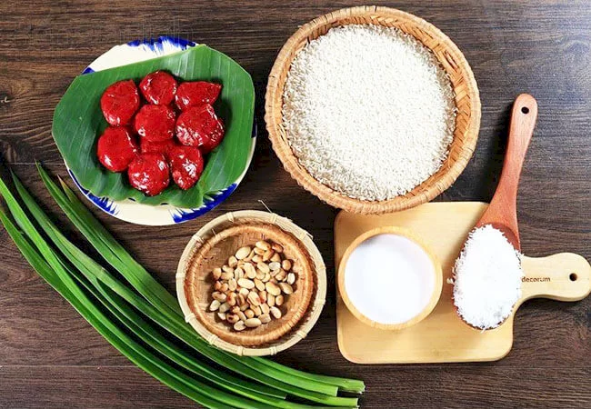 Nguy&ecirc;n liệu l&agrave;m x&ocirc;i gấc đậu xanh cốt dừa thơm ngon hấp dẫn